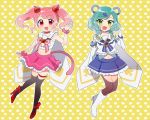  2girls :d animal_ears ankle_strap aqua_hair bang_dream! bangs bear_ears black_legwear blue_neckwear blue_skirt blush boots bow bracelet brooch cat_ears cat_tail clenched_hand commentary_request cosplay crop_top elbow_gloves frilled_skirt frills full_body gloves green_eyes hair_ornament hairband hand_up heart heart_background heart_hair_ornament high_heels hikawa_hina jewelry looking_at_viewer maruyama_aya midriff miyuara multiple_girls navel neck_ribbon open_mouth outline pink_eyes pink_hair pink_neckwear pink_scrunchie pink_skirt pleated_skirt red_footwear ribbon rosia_(show_by_rock!!) rosia_(show_by_rock!!)_(cosplay) sailor_collar scrunchie shirt short_hair show_by_rock!! side_braids sidelocks skirt sleeveless sleeveless_shirt smile spade_hair_ornament tail thigh_strap thighhighs tsukino_(show_by_rock!!) tsukino_(show_by_rock!!)_(cosplay) twintails v white_footwear white_gloves white_outline white_shirt wrist_scrunchie yellow_background yellow_bow 