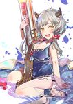  bad_id bad_pixiv_id bare_shoulders breasts camieux cleavage draph granblue_fantasy gun horns kneeling large_breasts partially_submerged rifle silver_hair solo swimsuit tajima_ryuushi weapon yellow_eyes 