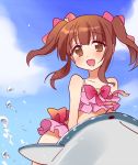  1girl :d bangs bikini bow brown_eyes brown_hair commentary_request day frilled_bikini frills hair_bow idolmaster idolmaster_cinderella_girls inflatable_shark inflatable_toy long_hair miyuara ogata_chieri open_mouth outdoors pink_bikini red_bow red_neckwear riding sidelocks smile solo swimsuit twintails water_drop 