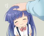  ^_^ bangs blunt_bangs bow bowtie closed_eyes foreshortening furude_rika grey_background heart higurashi_no_naku_koro_ni long_hair petting pov purple_hair samnedar school_uniform short_sleeves solo_focus suspenders 