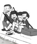  box brothers child facial_hair father_and_son fishing greyscale heart heart_in_mouth highres male_focus matsuno_matsuzou monochrome multiple_boys mustache narpoodles osomatsu-kun sextuplet_(osomatsu-kun) shoes_removed short_sleeves shorts siblings sitting smile wet 