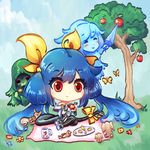  chibi commentary_request cubehero dizzy eyebrows_visible_through_hair guilty_gear necro_(guilty_gear) red_eyes smile tail tree undine_(guilty_gear) 