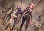  absurdres anti-rain_(girls_frontline) ar-15 assault_rifle asymmetrical_legwear black_gloves black_hair black_jacket black_legwear black_neckwear black_shorts black_skirt blue_eyes brown_hair dress eyebrows_visible_through_hair fang floating_hair girls_frontline gloves green_eyes gun hairband hand_on_hip highres holding holding_gun holding_weapon holster jacket jay_xu knife long_hair looking_at_viewer m16a1 m16a1_(girls_frontline) m4_carbine m4_sopmod_ii m4_sopmod_ii_(girls_frontline) m4a1_(girls_frontline) md5_mismatch multiple_girls necktie open_mouth outdoors pantyhose pink_hair red_eyes rifle short_dress short_shorts shorts skirt st_ar-15_(girls_frontline) standing sweater_vest thigh_holster thigh_strap thighhighs weapon white_dress zipper 