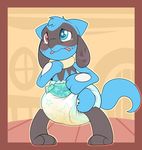  blue_eyes blue_fur cuddlehooves diaper door droopy_ears embarrassed feral fur heterochromia male nintendo paws pok&eacute;mon red_eyes riolu solo tears urine video_games wet_diaper window 