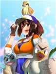  :d baseball_cap beak bird black_eyes blue_sky bodysuit breasts brown_eyes brown_gloves brown_hair choker collarbone cosplay covered_navel creature_on_head cropped_jacket day farfetch'd female_protagonist_(pokemon_go) female_protagonist_(pokemon_go)_(cosplay) fingerless_gloves gen_1_pokemon gloves hair_ribbon hat highres ise_(kantai_collection) jacket kantai_collection long_sleeves medium_breasts open_mouth orange_(sal1014) orange_jacket petals pidgey pokemon pokemon_(anime) pokemon_(creature) pokemon_go red_ribbon ribbon round_teeth skin_tight sky sleeves_past_elbows smile spring_onion squirtle sunglasses teeth upper_body zipper 