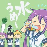  &gt;_&lt; akebono_(kantai_collection) bandaid bandaid_on_face bangs bell black_hair brown_hair closed_eyes commentary_request crab daikon drinking eel flower glass hair_bell hair_bobbles hair_flower hair_ornament hand_on_hip highres kantai_collection long_hair multiple_girls oboro_(kantai_collection) open_mouth otoufu pink_hair purple_hair sazanami_(kantai_collection) school_uniform serafuku short_hair sitting sitting_on_head sitting_on_person translation_request ushio_(kantai_collection) water 