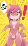  ambiguous_gender covering covering_crotch covering_self dragon hair nude open_mouth pink_hair pink_skin ru_(rudragon) rudragon shocked solo wings 