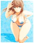  barefoot bikini breasts brown_hair dead_or_alive hand_on_hip kasumi_(doa) kettsu long_hair looking_at_viewer smile solo striped striped_bikini swimsuit thigh_gap wide_hips 