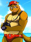  2016 anthro beach bearlovestiger13 bulge camera clothed clothing eyewear glasses hat kounosuke_(morenatsu) male mammal morenatsu nipples seaside sky slightly_chubby solo speedo summer swimming_trunks swimsuit tanuki topless water whistle 