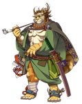  anthro brown_hair cape clothed clothing feline fur green_eyes hair japanese japanese_clothing katana kimono looking_at_viewer male mammal melee_weapon muscular official_art pink_nose pipe prayer_beads simple_background solo sword tan_fur tiger video_games wander_crown weapon yellow_fur ホエマル 