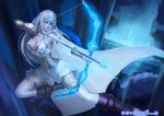  armor ashe_(league_of_legends) cleavage destincelly dress league_of_legends open_shirt stockings thighhighs weapon 