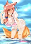  animal_ears bikini bikini_bottom_removed bikini_top blush breasts cloud cloudy_sky day fate/extra fate/grand_order fate_(series) floating_clothes fox_ears fox_tail hair_over_shoulder hand_on_own_knee highres large_breasts leaning_forward long_hair open_mouth pink_hair ponytail see-through shirt short_sleeves sky solo swimsuit syntier13 tail tamamo_(fate)_(all) tamamo_no_mae_(fate) tamamo_no_mae_(swimsuit_lancer)_(fate) water white_shirt yellow_eyes 