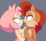  2014 amy_rose anthro blue_eyes blush breasts brown_fur chipmunk cloudz drooling duo eye_contact female female/female fur green_eyes hair hedgehog mammal pink_body pink_hair red_hair rodent saliva saliva_string sally_acorn side_boob sonic_(series) 