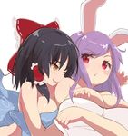  :o ;d animal_ears bare_shoulders black_hair blush bow breast_grab breasts bunny_ears collarbone cookie_(touhou) drooling eyebrows eyebrows_visible_through_hair frilled_bow frills grabbing grabbing_from_behind hair_bow hair_tubes hakurei_reimu highres hisui_(cookie) large_breasts medium_breasts multiple_girls naked_towel onakon_3-nichi-me one_eye_closed open_mouth purple_hair red_bow red_eyes reisen_udongein_inaba sananana short_hair simple_background smile touhou towel upper_body white_background yuri 