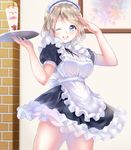  ;d alternate_costume apron blue_eyes brown_hair enmaided gorua_(youce01) love_live! love_live!_sunshine!! maid maid_apron maid_headdress md5_mismatch one_eye_closed open_mouth parfait salute short_hair smile solo tray watanabe_you 