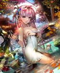 afloat animal artstation_sample autumn autumn_leaves backlighting bare_shoulders black_ribbon blue_eyes breasts bucket building cherry_blossoms cleavage closed_mouth collarbone cup drink dutch_angle hair_ornament hair_ribbon hair_stick hairband holding image_sample japanese_macaque katateoke lantern lens_flare liduke liquid long_hair looking_at_viewer medium_breasts monkey naked_towel official_art onsen original outdoors pink_hair pink_lips plant ribbon rock sengoku_saga smile solo standing sunlight teapot towel towel_on_head tree very_long_hair wading water water_drop wet wooden_bucket wristband 