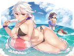  alternate_costume amagi_(kantai_collection) ball bikini black_bikini black_hair blue_eyes blush braid breasts brown_eyes brown_hair closed_eyes cloud covering covering_breasts day food holding jitome kantai_collection katsuragi_(kantai_collection) large_breasts long_hair looking_at_viewer multiple_girls navel ocean outdoors partially_submerged popsicle scrunchie sexually_suggestive silver_hair single_braid sky smile sparkle swimming swimsuit unryuu_(kantai_collection) untied untied_bikini very_long_hair wading water wavy_hair wrist_scrunchie yamaarashi 