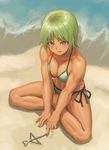  :d ai_ai_gasa aqua_bikini bangs barefoot beach bikini blue_eyes blush breasts cleavage eyeliner from_above full_body green_hair highres indian_style large_breasts looking_at_viewer makeup navel nervous_smile ocean on_ground open_mouth original outdoors ranma_(kamenrideroz) sand sand_writing short_hair side-tie_bikini sitting smile solo sunlight swimsuit tan toned water 