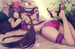  ass bed bed_sheet bikini breast_press breasts crossed_arms fate/grand_order fate_(series) flower from_behind hair_flower hair_ornament hibiscus holding_another's_hair large_breasts li_shuwen_(fate) li_shuwen_(fate/grand_order) lips long_hair looking_at_viewer lying lying_on_lap midriff nishi_juuji no_socks on_stomach parted_lips purple_bikini purple_hair red_eyes sandals scathach_(fate)_(all) scathach_(swimsuit_assassin)_(fate) solo_focus swimsuit thighs toes very_long_hair 