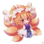  blonde_hair blush chibi eyebrows eyebrows_visible_through_hair fox_tail hands_in_opposite_sleeves hat long_sleeves looking_at_viewer multiple_tails muuran pillow_hat short_hair signature simple_background solo tail tassel touhou white_background wide_sleeves yakumo_ran yellow_eyes 
