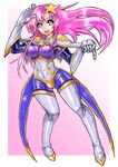  blue_eyes bodysuit boots breasts commentary_request covered_nipples formal gloves gundam gundam_seed gundam_seed_destiny hair_ornament highres latex leotard long_hair looking_at_viewer medium_breasts meer_campbell oomasa_teikoku open_mouth pink_hair purple_leotard skin_tight smile solo star star_hair_ornament suit thigh_boots thighhighs white_footwear white_legwear white_leotard 