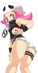  1girl ass bandanna bare_shoulders breasts from_behind from_below hat holding_poke_ball long_hair looking_at_viewer looking_down man0. nintendo npc_trainer pink_eyes pink_hair poke_ball pokemon pokemon_sm shiny shiny_skin short_shorts shorts solo team_skull team_skull_grunt thigh_strap wristband 