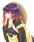  breasts cleavage collarbone from_above gradient_hair hair_between_eyes hijiri_byakuren japanese_clothes large_breasts light_brown_hair lips long_hair looking_at_viewer mayoln multicolored_hair parted_lips purple_hair sakkat shiny shiny_hair simple_background solo touhou upper_body wavy_hair white_background yellow_eyes 