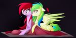  alphaaquilae blue_hair equine fan_character feathered_wings feathers female feral green_feathers green_hair hair hooves lying mammal multicolored_hair my_little_pony pegasus pink_hair red_eyes red_hair wings 