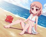  1girl barefoot beach bikini blush character_request child cloud copyright_request eyebrows feet kt looking_at_viewer outdoors shadow shiny shiny_hair shiny_skin sitting skirt sky smile swimsuit water 
