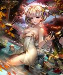  afloat animal artstation_sample autumn autumn_leaves backlighting bare_shoulders black_ribbon blonde_hair blue_eyes breasts bucket building cherry_blossoms cleavage closed_mouth collarbone cup drink dutch_angle hair_ornament hair_ribbon hair_stick hairband holding image_sample japanese_macaque katateoke lantern lens_flare liduke liquid looking_at_viewer medium_breasts monkey naked_towel official_art onsen original outdoors pink_lips plant ribbon rock sengoku_saga short_hair smile solo standing sunlight teapot towel towel_on_head tree wading water water_drop wet wooden_bucket wristband 