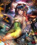  afloat animal artstation_sample autumn autumn_leaves backlighting bare_shoulders black_hair black_ribbon blonde_hair blue_eyes breasts bucket building cherry_blossoms cleavage closed_mouth collarbone cup drink dutch_angle floral_print hair_ornament hair_ribbon hair_stick hairband holding image_sample japanese_macaque katateoke lantern lens_flare liduke liquid long_hair looking_at_viewer medium_breasts monkey naked_towel official_art onsen original outdoors pink_lips plant ribbon rock sengoku_saga smile solo standing sunlight teapot towel towel_on_head tree very_long_hair wading water water_drop wet wooden_bucket wristband 