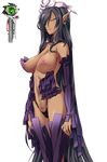  1girl areolae black_hair breasts cape dark_elf dark_skin elf hair_over_one_eye high_heels highleg kuroinu_~kedakaki_seijo_wa_hakudaku_ni_somaru~ large_breasts long_hair long_pointy_ears no_bra origa_discordia pointy_ears pubic_tattoo queen revealing_clothes simple_background solo solo_focus staff tattoo thigh_boots very_long_hair white_background yellow_eyes 