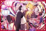  asymmetrical_gloves black_gloves blonde_hair blue_eyes gloves hair_over_one_eye kina_(446964) lantern male_focus open_mouth petals ponytail shishiou shishiou_no_mofumofu smile tassel touken_ranbu 