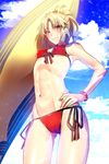  bad_id bad_pixiv_id bikini blonde_hair cameltoe cloud cloudy_sky day fate/apocrypha fate/grand_order fate_(series) green_eyes hato_konro highres long_hair mordred_(fate)_(all) mordred_(swimsuit_rider)_(fate) navel ponytail prydwen red_bikini sky smile solo surfboard swimsuit 