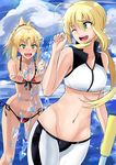  :d ;d ahoge artoria_pendragon_(all) artoria_pendragon_(swimsuit_archer) bikini blonde_hair blush breasts cleavage fate/apocrypha fate/grand_order fate/stay_night fate_(series) green_eyes highres long_hair medium_breasts mordred_(fate)_(all) mordred_(swimsuit_rider)_(fate) mother_and_daughter multiple_girls navel ocean one_eye_closed open_mouth ponytail red_bikini saber smile splashing swimsuit takara_joney teeth 