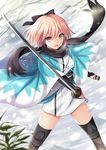  :d arm_guards black_bow black_footwear black_scarf blonde_hair blush boots bow fate_(series) from_above hair_bow harimoji highres holding holding_sword holding_weapon katana koha-ace legs_apart long_sleeves looking_at_viewer looking_up okita_souji_(fate) okita_souji_(fate)_(all) open_mouth plant sash scarf sheath shiny shiny_skin short_hair smile snow solo standing sword thigh_boots thighhighs unsheathed v-shaped_eyebrows weapon wide_sleeves winter yellow_eyes zettai_ryouiki 