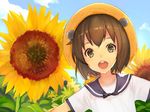  alternate_costume bad_id bad_twitter_id bangs blue_sky brown_eyes brown_hair cloud day face flower hat kantai_collection keemu_(occhoko-cho) leaf looking_at_viewer nature open_mouth outdoors sailor_collar short_hair short_sleeves sky solo straw_hat sunflower upper_body yukikaze_(kantai_collection) 