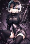  armor black_legwear blonde_hair breasts bu_li fate/grand_order fate_(series) gauntlets headpiece jeanne_d'arc_(alter)_(fate) jeanne_d'arc_(fate)_(all) looking_at_viewer medium_breasts short_hair sitting smile solo sword thighhighs weapon yellow_eyes 