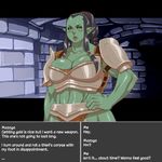  armor big_breasts blush breasts dungeon female green_skin humanoid looking_at_viewer mazoga_the_orc nezumi not_furry orc text the_elder_scrolls video_games 