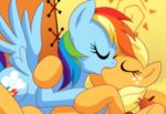  2014 applejack_(mlp) bbmbbf blonde_hair blue_feathers blue_fur blush digital_media_(artwork) duo earth_pony equine eyes_closed feathered_wings feathers female female/female feral freckles friendship_is_magic fur hair horse inside kissing mammal multicolored_hair my_little_pony pegasus pony purple_eyes rainbow_dash_(mlp) rainbow_hair wings 