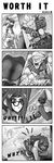  1boy 1girl absurdres all_fours artist_name ass_grab bangs black-framed_eyewear bloodshot_eyes clenched_teeth coat comic commentary crooked_eyewear crying english explosion explosive from_above frozen fur_trim glasses gloves grabbing_own_ass greyscale grin hair_bun hair_ornament hair_stick highres ice junkrat_(overwatch) kanchou looking_up mechanical_arm mei_(overwatch) mine_(weapon) monochrome motion_lines oldlim open_mouth overwatch pain panties pantyshot saliva short_hair sidelocks smile spikes surprised teeth text_focus trembling underwear weapon 
