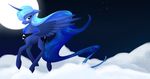  alphaaquilae blue_feathers blue_fur blue_hair cloud cutie_mark detailed_background equine feathered_wings feathers female feral flying friendship_is_magic fur hair hooves horn long_hair mammal moon my_little_pony night outside princess_luna_(mlp) sky solo star starry_sky winged_unicorn wings 
