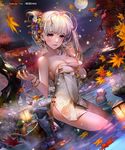  afloat animal artstation_sample autumn autumn_leaves backlighting bare_shoulders black_hair black_ribbon blonde_hair breasts bucket building cherry_blossoms cleavage closed_mouth collarbone cup drink dutch_angle floral_print full_moon hair_ornament hair_ribbon hair_stick hairband holding image_sample japanese_macaque katateoke lantern liduke liquid long_hair looking_at_viewer medium_breasts monkey moon moonlight naked_towel night night_sky official_art onsen original outdoors pink_eyes pink_lips plant ribbon rock sengoku_saga sky smile solo standing teapot towel towel_on_head tree very_long_hair wading water water_drop wet wooden_bucket wristband 