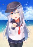  absurdres akky_(akimi1127) anchor_symbol beach black_legwear blue_eyes commentary_request day fang flat_cap hat hibiki_(kantai_collection) highres kantai_collection long_hair long_sleeves looking_at_viewer miniskirt neckerchief open_mouth outdoors pantyhose pleated_skirt sand school_uniform serafuku silver_hair skirt solo water 