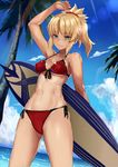  bikini blonde_hair breasts fate/apocrypha fate/grand_order fate_(series) green_eyes jirusu medium_breasts midriff mordred_(fate)_(all) mordred_(swimsuit_rider)_(fate) navel palm_tree ponytail prydwen red_bikini smile solo surfboard swimsuit tan tree 