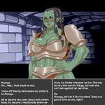  armor big_breasts blush breasts dungeon female green_skin humanoid looking_away mazoga_the_orc nezumi not_furry orc text the_elder_scrolls video_games 