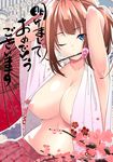  ;) absurdres areolae armpits arms_up blue_eyes breasts brown_hair cherry_blossoms cleavage eyebrows eyebrows_visible_through_hair floral_print hair_ornament hairpin hand_in_hair happy_new_year head_tilt highres large_breasts looking_at_viewer mouth_hold navel new_year one_eye_closed oriental_umbrella original pleated_skirt red_skirt skirt smile solo umbrella yukino_(yukinosora1126) 