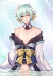  androgynous bad_id bad_twitter_id blush fate/grand_order fate_(series) genderswap genderswap_(ftm) gold_trim green_hair horns japanese_clothes kimono kiyohime_(fate/grand_order) kiyohime_(swimsuit_lancer)_(fate) looking_at_viewer male_focus no_pants shijiu_(adamhutt) smile solo water yellow_eyes 