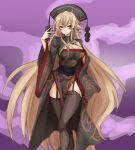  1girl absurdres adapted_costume amagi_(amagi626) black_dress black_hat black_legwear blonde_hair breasts chinese_clothes cleavage cleavage_cutout commentary_request crown dress garter_straps hand_on_own_chest hat highres junko_(touhou) large_breasts legs_crossed light_smile long_hair long_sleeves looking_at_viewer obi pom_pom_(clothes) purple_background red_eyes sash side_slit solo standing thighhighs thighs touhou very_long_hair 