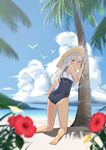  absurdres adjusting_clothes adjusting_swimsuit against_tree ass barefoot beach blue_eyes blue_sky blurry cloud crop_top day depth_of_field flower from_behind hat hibiscus highres kantai_collection kneeling long_hair ocean outdoors palm_tree ro-500_(kantai_collection) sailor_collar sand school_swimsuit shisuo silver_hair sky solo straw_hat sun_hat swimsuit tan tanline tree 